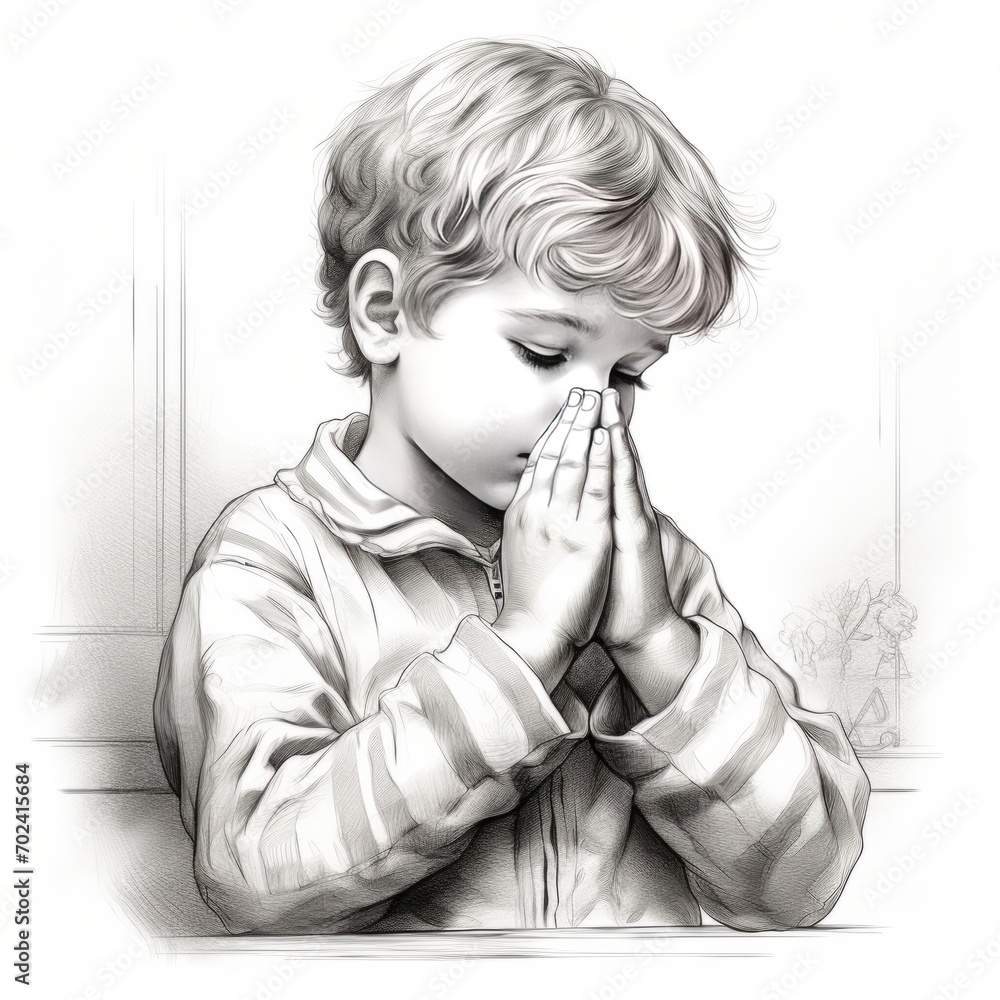 Cute little boy praying with both hands wishing and giving thanks to God, children sketch illustration drawn in pencil Cute little boy praying with both hands wishing and giving thanks to God, children sketch illustration drawn in pencil