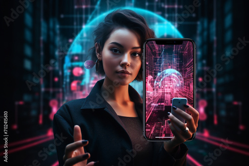 Woman using smartphone on graphic background