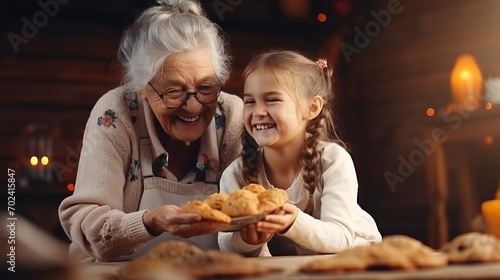 Active grandma teaches grandkid to roll cookie doughcaring granny shares baking skills with child.