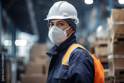 Workers person wear protective surgical face masks for safety in machine industrial factory, container yard manufacturing site, foreman and engineer