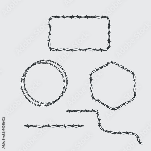 Barbed wire pattern brush template and geometric shapes. Stock vector illustration isolated on white background.