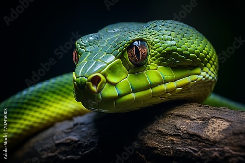 Exquisite close up of a vivid green snake gracefully coiled on a lush jungle tree branch