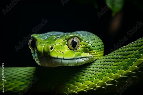 Vibrant green jungle snake on tree branch in lush rainforest macro with intricate details