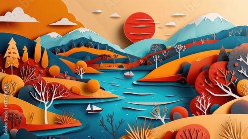 A whimsical and vibrant illustration of a mountainous landscape, adorned with cartoonish trees and a playful artistic style photo