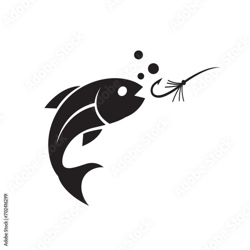 fishing emblem with fish and hook isolated on white background