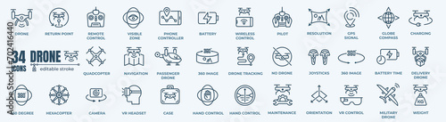 Civilian aerial Drone and quadrocopter icon set. Collection of linear simple web icons. Editable stroke
