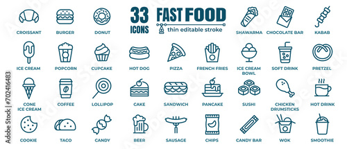 Fast food vector icon line set. Burger sandwich pizza hot dog cola coffee sweets photo