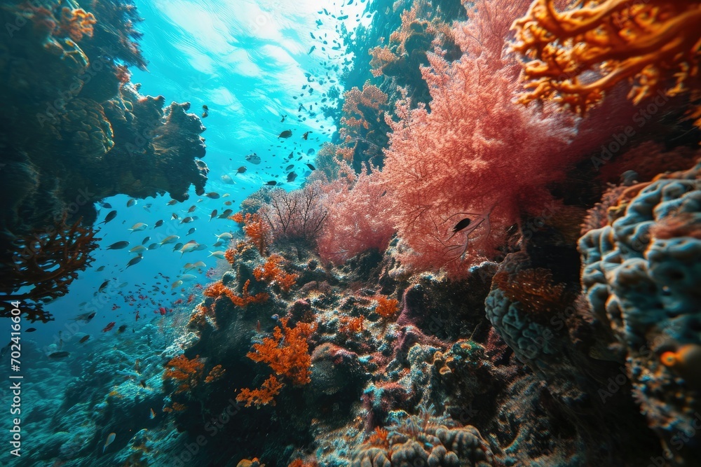 Vibrant marine life thrives in the crystal clear waters of this stunning coral reef, with stony corals, colorful fish, and a diverse array of invertebrates creating a captivating underwater ecosystem