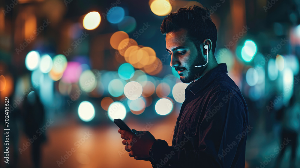 Man with earphones using a smartphone at night on a city street, with a colorful bokeh of street lights in the background.
