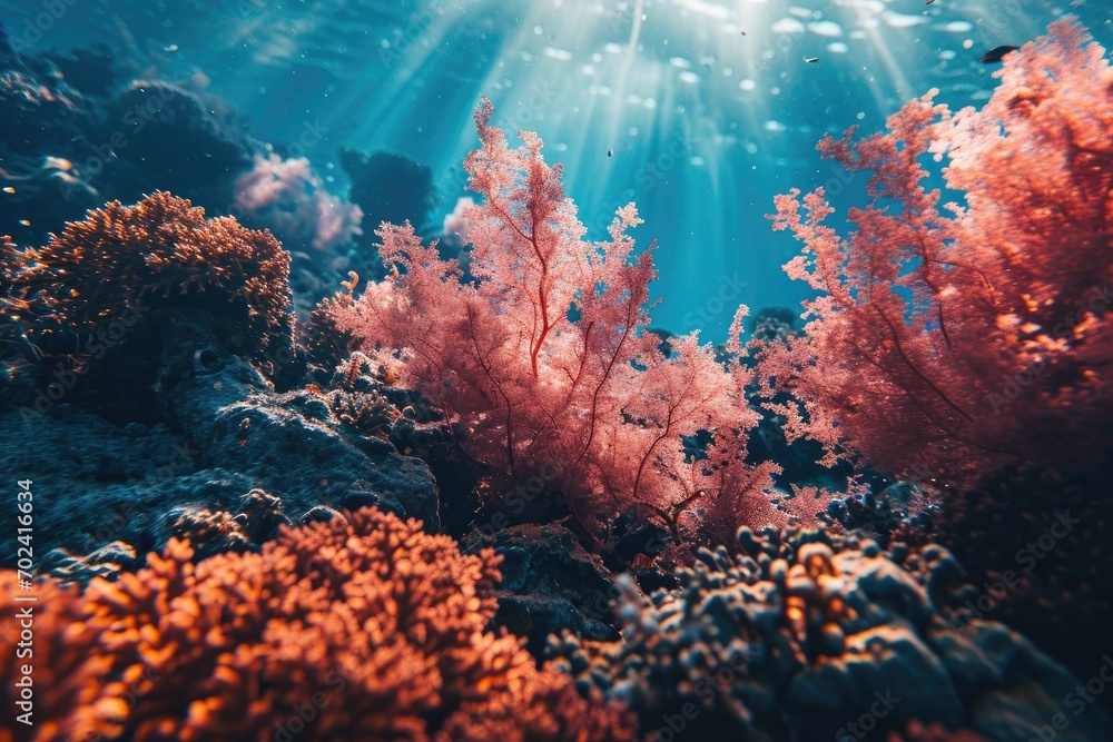 An ethereal world of vibrant invertebrates and delicate coral plants thrives in the crystal-clear waters of the sunlit reef