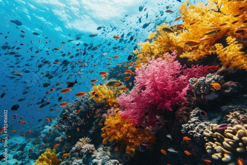 A vibrant ecosystem teeming with diverse marine life, including stony corals and colorful fish, thrives beneath the crystal-clear waters of a magnificent coral reef