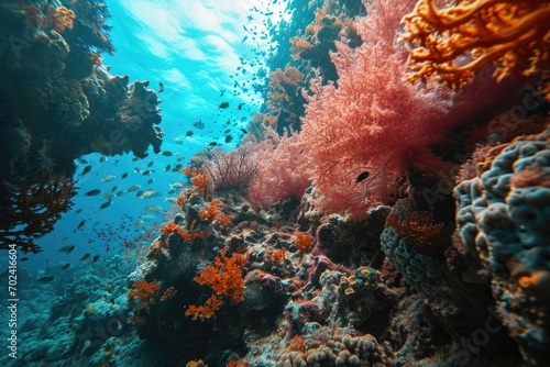 Vibrant marine life thrives in the crystal clear waters of this stunning coral reef, with stony corals, colorful fish, and a diverse array of invertebrates creating a captivating underwater ecosystem