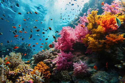 Amidst the colorful stony corals and swaying seaweed, a diverse group of fish explore their vibrant underwater home in a stunning coral reef teeming with life