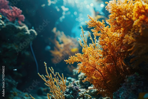 Vibrant orange plants and delicate corals thrive in the mysterious depths of the ocean, a mesmerizing world of invertebrates and other underwater organisms