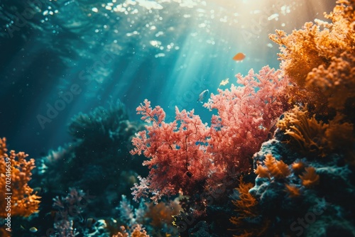 A vibrant and diverse underwater world teeming with life, as colorful fish and intricate corals thrive in the tranquil waters of a stunning coral reef © ChaoticMind