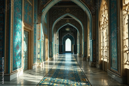 An opulent hallway adorned with intricate arches and a plush carpet, evoking a sense of grandeur and serenity within the symmetrical arcade of an architectural masterpiece