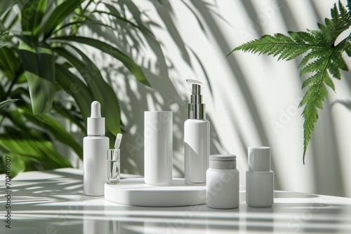 A minimalist design showcases the delicate beauty of a potted plant in a grouping of white vases on a sleek indoor table