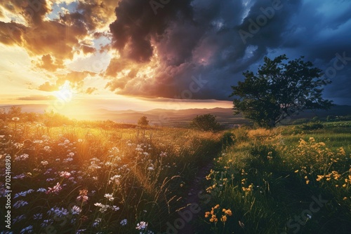 As the sun sets on the horizon, a vast field of colorful flowers and towering trees basks in the warm afterglow, creating a picturesque outdoor landscape that is both serene and captivating