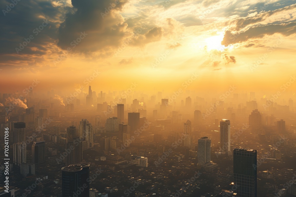 Fototapeta premium A majestic metropolis stands tall, shrouded in a blanket of fog, as the sun sets behind its towering skyscrapers