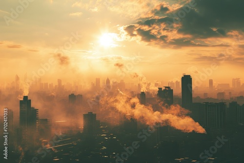 The sky was ablaze with the vibrant hues of a sunset, casting a warm glow over the cityscape as thick clouds of smoke billowed from the towering skyscrapers, creating a hauntingly beautiful landscape photo