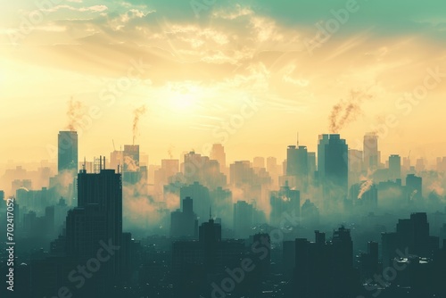 The towering skyscrapers of the metropolitan city were engulfed in a dense fog, creating a mystical and haunting cityscape as the sun set behind the smoky horizon