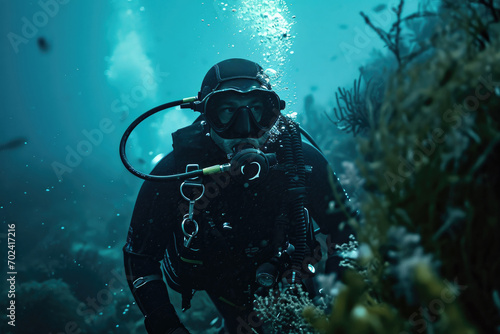A brave aquanaut explores the vibrant marine life of a coral reef while wearing essential scuba diving equipment, guided by a knowledgeable divemaster and equipped with an oxygen mask, buoyancy compe