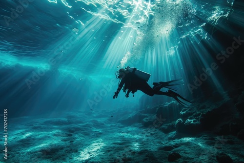 A fearless aquanaut delves into the unknown depths, equipped with their trusty scuba gear, ready to explore the wonders of the underwater world photo