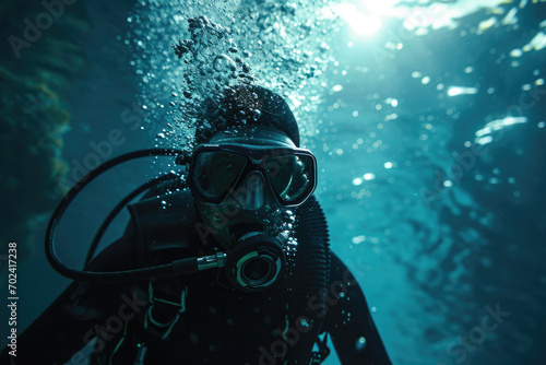 Immersed in the depths, a skilled divemaster navigates through the mysterious underwater world, equipped with scuba gear and a determination to explore the unknown photo