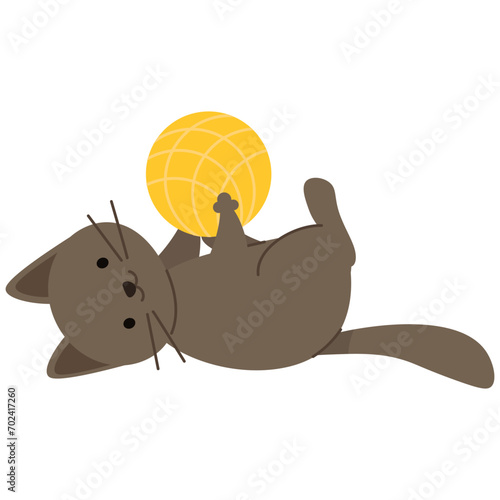 Cute flat cat lies and plays with a ball of yarn