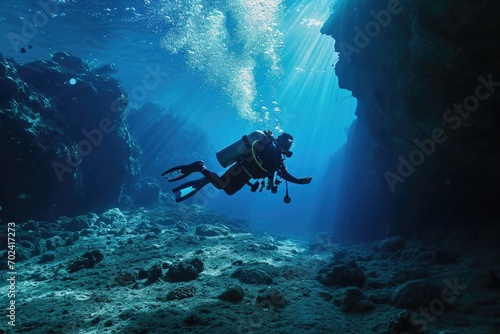 Exploring the vibrant underwater world, a skilled scuba diver glides gracefully through the crystal-clear water, equipped with their oxygen mask and finswimming gear, guided by a divemaster as they d photo