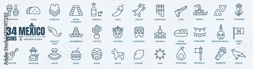 Collection of mexico thin line icon set such as pack of simple chichen itza pyramid, mole poblano, mexican hat, tequila and agave photo