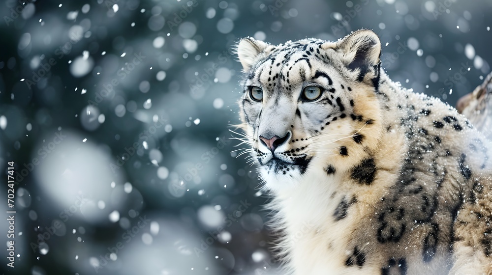 Snow Leopard Looking In The Distance On A Snowing Day. (Generative AI). Snow Leopard Looking In The Distance On A Snowing Day. (Generative AI).