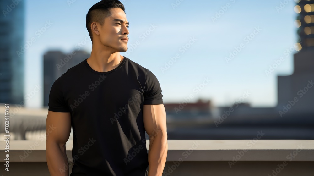 Fototapeta premium Black T-Shirt Male Muscular Model Posing. (Generative AI).