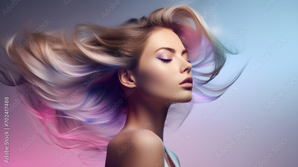 Holographic Hair Young Female Model Swaying In The Wind. (Generative AI). Holographic Hair Young Female Model Swaying In The Wind. (Generative AI).