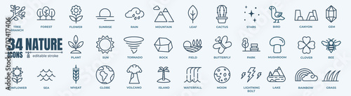 Nature minimal icon set. Outline editable icon of sun,sea,forest and mountain collection. Simple vector illustration. photo