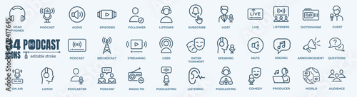 Podcast and stream minimal thin line web icon set. Outline editable icons collection. Simple vector illustration.