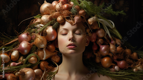 Sinnliches Portrait einer Frau mit Zwiebeln und Kräutern. Geschlossene Augen. Konzept: Kulinarische Kunst. Surreale Illustration. 