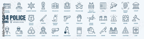 Police,weapon,cop and arrest minimal thin line web icon set. Outline editable icons collection. Simple vector illustration.