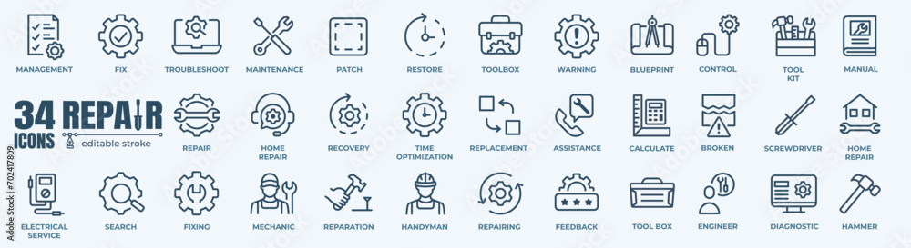 Set of Repair Related Vector Line Icons. Contains such Icons as Gear, Screwdriver, Engineer, Tech Support and more.