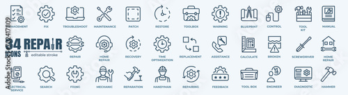 Set of Repair Related Vector Line Icons. Contains such Icons as Gear, Screwdriver, Engineer, Tech Support and more.