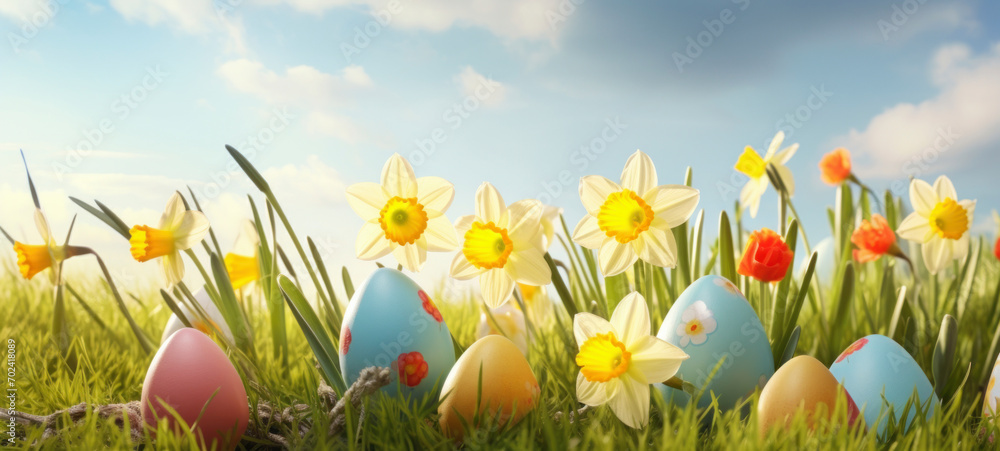 Easter eggs on green grass with yellow daffodils on a sunny spring day
