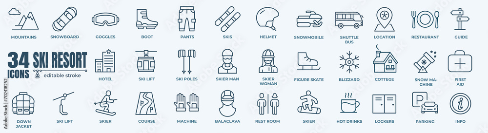 Ski resort line icons collection. Editable line pictogram of ski area and winter sport. - obrazy, fototapety, plakaty 