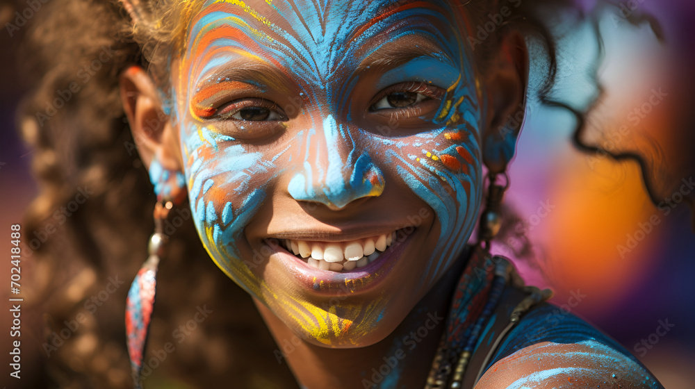 A young face reflects the vibrant joy of the Holi festival. This image is particularly valuable for cultural and religious organizations promoting Holi festival events.