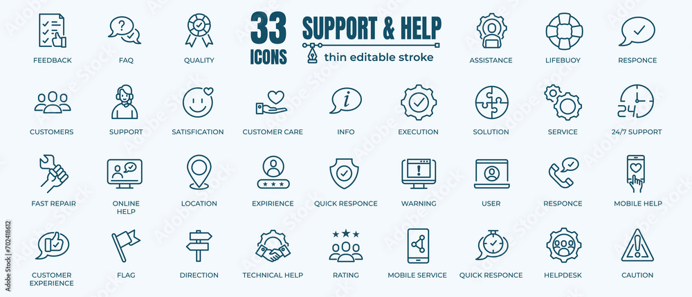Help and Support Vector Icon. Contains thin Icons as FAQ, Customer Service, Responce and Helpdesk. Editable Stroke. 48x48 Pixel Perfect - obrazy, fototapety, plakaty 