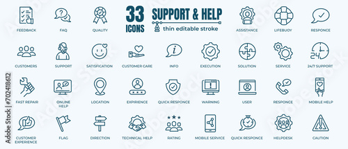 Help and Support Vector Icon. Contains thin Icons as FAQ, Customer Service, Responce and Helpdesk. Editable Stroke. 48x48 Pixel Perfect
