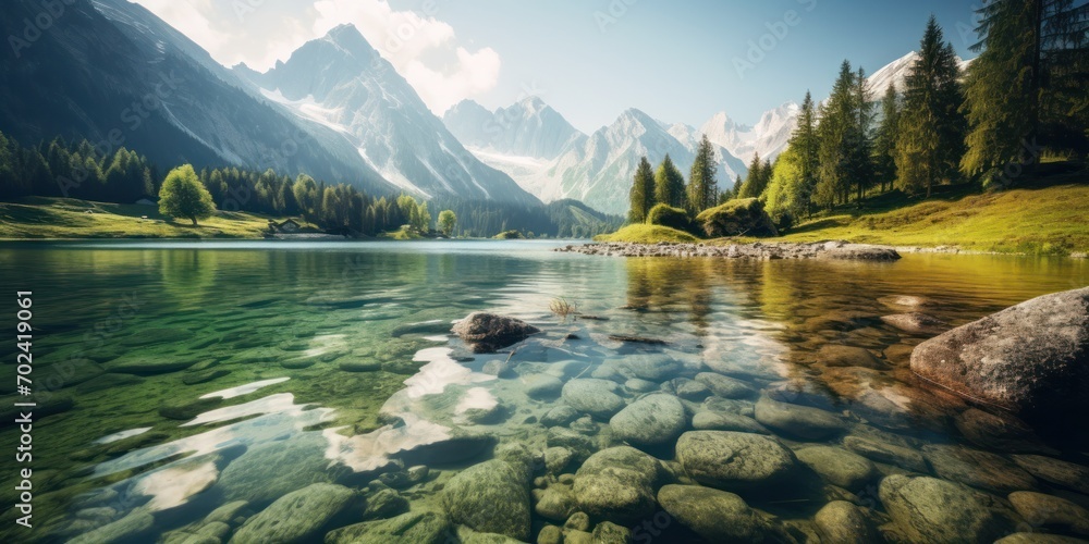 The tranquil alpine lake, surrounded by majestic mountains, offers a picturesque and idyllic destination for nature lovers. - obrazy, fototapety, plakaty 