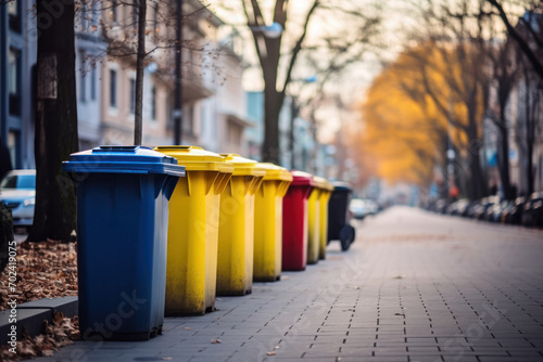 Color-coded bins for efficient waste separation, promoting environmental friendliness and responsibility. photo