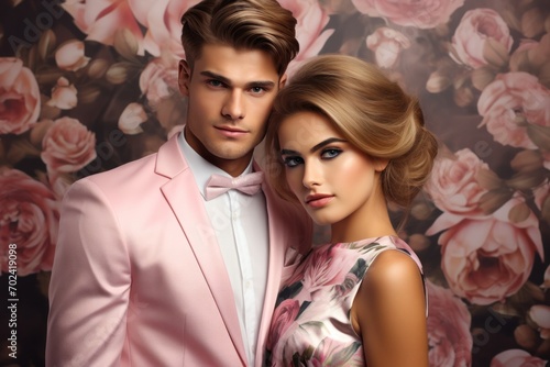 Stylish and elegant couple exuding love and sophistication against a floral background.