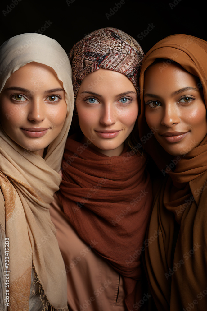 Studio portrait of three beautiful young Muslim women, all three wearing headscarves.