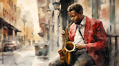 Saxophonist musician playing jazz person in the street photo